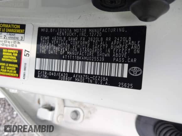 2021 Toyota Camry SE with VIN 4T1T11BK4MU025539, listed as a IAAI auction lot 42898008 with 26,083 mi miles and . Bid and sale history available at DreamBid. Image 9.