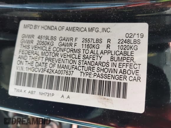 ✅ 2019 Honda Accord EX • VIN: 1HGCV3F42KA007637 • Лот: 43717859. Опубликован ранее на IAAI с пробегом 50 231 миль. Бесплатный доступ к архиву аукционных продаж из США и подробный отчёт об истории автомобиля на DreamBid. Изображение 9.