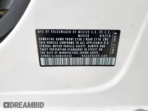 ✅ 2013 Volkswagen Jetta SE • VIN: 3VWBX7AJ8DM430329 • Lot: 81820365. Listed on Copart with 125,159 mi. Free auction sales archive from the USA and detailed vehicle history report at DreamBid. Image 12.