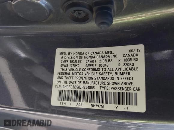 ✅ 2018 Honda Civic Touring • VIN: 2HGFC3B90JH354856 • Lot: 43325859. Listed on IAAI with 69,439 mi. Free auction sales archive from the USA and detailed vehicle history report at DreamBid. Image 9.