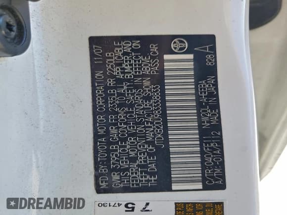 ✅ 2008 Toyota Prius • VIN: JTDKB20U983338833 • Lot: 91263325. Listed on Copart with 239,111 mi. Free auction sales archive from the USA and detailed vehicle history report at DreamBid. Image 12.