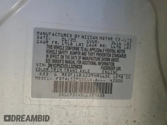 ✅ 2020 Nissan Kicks SV • VIN: 3N1CP5CV2LL529828 • Lot: 94493465. Listed on Copart with 110,295 mi. Free auction sales archive from the USA and detailed vehicle history report at DreamBid. Image 13.