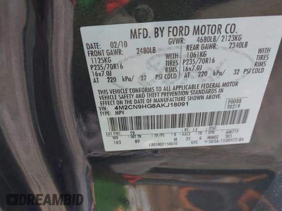 ✅ 2010 Mercury Mariner Premier • VIN: 4M2CN9HG8AKJ18091 • Lot: 42215475. Listed on IAAI with 97,332 mi. Free auction sales archive from the USA and detailed vehicle history report at DreamBid. Image 9.