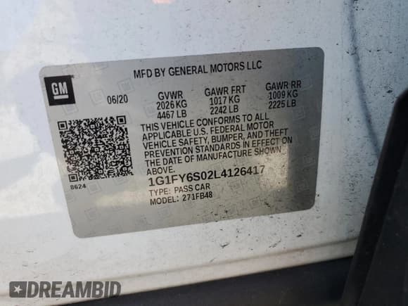 ✅ 2020 Chevrolet Bolt EV LT • VIN: 1G1FY6S02L4126417 • Lot: 48911805. Listed on Copart with 38,499 mi. Free auction sales archive from the USA and detailed vehicle history report at DreamBid. Image 14.