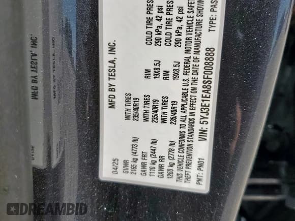 ✅ 2025 Tesla Model 3 Long Range • VIN: 5YJ3E1EA8SF008888 • Lot: 86312385. Listed on Copart with 3,222 mi. Free auction sales archive from the USA and detailed vehicle history report at DreamBid. Image 12.