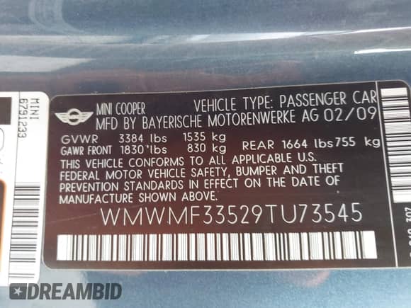 2009 MINI Hardtop with VIN WMWMF33529TU73545, listed as a IAAI auction lot 43381138 with 126,704 mi miles and . Bid and sale history available at DreamBid. Image 9.