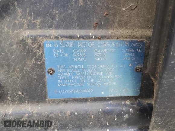 ✅ 2008 Suzuki SX4 • VIN: JS2YC412785104099 • Lot: 69982264. Listed on Copart with Not provided. Free auction sales archive from the USA and detailed vehicle history report at DreamBid. Image 12.