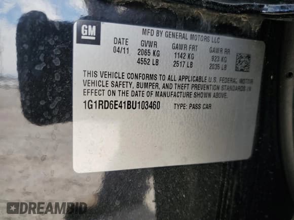 ✅ 2011 Chevrolet Volt • VIN: 1G1RD6E41BU103460 • Лот: 84773615. Опубликован ранее на Copart с пробегом 296 037 миль. Бесплатный доступ к архиву аукционных продаж из США и подробный отчёт об истории автомобиля на DreamBid. Изображение 12.