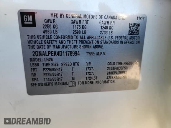 ✅ 2013 Chevrolet Equinox LT • VIN: 2GNALPEK4D1178994 • Лот: 90606225. Опубликован ранее на Copart с пробегом 82 407 миль. Бесплатный доступ к архиву аукционных продаж из США и подробный отчёт об истории автомобиля на DreamBid. Изображение 13.