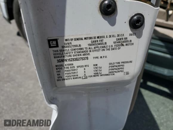 ✅ 2003 Chevrolet Suburban Z71 • VIN: 3GNFK16Z83G275378 • Лот: 54401975. Опубликован ранее на Copart с пробегом Не указан. Бесплатный доступ к архиву аукционных продаж из США и подробный отчёт об истории автомобиля на DreamBid. Изображение 13.