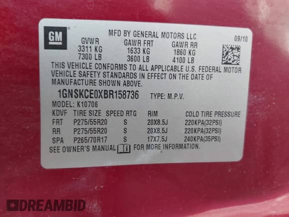2011 Chevrolet Tahoe LTZ with VIN 1GNSKCE0XBR158736, listed as a IAAI auction lot 42355880 with 288,518 mi miles and . Bid and sale history available at DreamBid. Image 9.