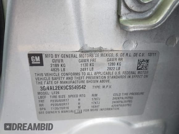 ✅ 2012 Chevrolet Captiva Sport LS • VIN: 3GNAL2EK9CS549542 • Lot: 42899692. Wystawiony na IAAI z przebiegiem 140 099 mil. Bezpłatny archiwum sprzedaży aukcyjnych z USA i szczegółowy raport historii pojazdu na DreamBid. Zdjęcie 9.