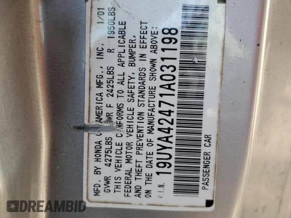 ✅ 2001 Acura CL • VIN: 19UYA42471A031198 • Lot: 70375004. Listed on Copart with 195,731 mi. Free auction sales archive from the USA and detailed vehicle history report at DreamBid. Image 12.