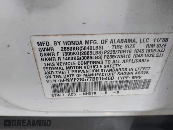 ✅ 2007 Honda Pilot EX-L • VIN: 5FNYF28577B015460 • Lot: 42899326. Listed on IAAI with 151,509 mi. Free auction sales archive from the USA and detailed vehicle history report at DreamBid. Image 9.