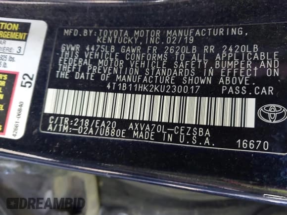 ✅ 2019 Toyota Camry SE • VIN: 4T1B11HK2KU230017 • Лот: 43475260. Опубликован ранее на IAAI с пробегом 185 506 миль. Бесплатный доступ к архиву аукционных продаж из США и подробный отчёт об истории автомобиля на DreamBid. Изображение 9.