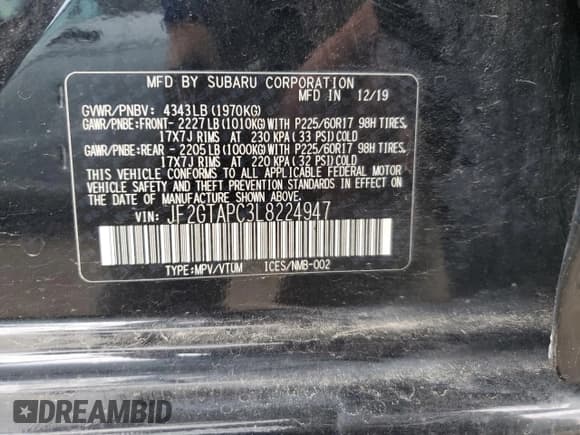 ✅ 2020 Subaru Crosstrek Premium • VIN: JF2GTAPC3L8224947 • Lot: 58016945. Listed on Copart with 82,763 mi. Free auction sales archive from the USA and detailed vehicle history report at DreamBid. Image 13.