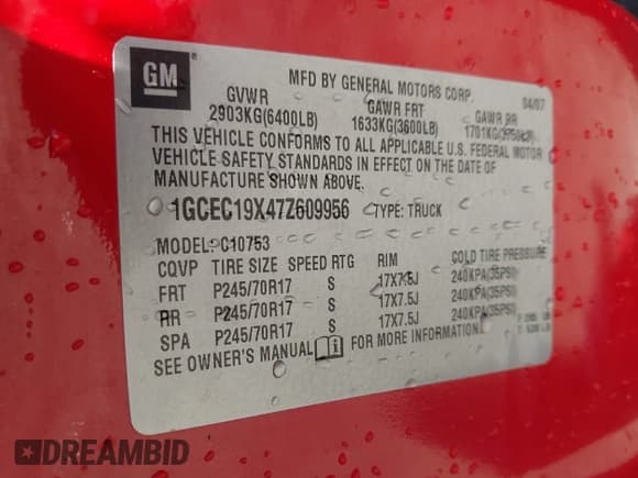 ✅ 2007 Chevrolet Silverado 1500 Work Truck • VIN: 1GCEC19X47Z609956 • Lot: 41974195. Listed on IAAI with 183,772 mi. Free auction sales archive from the USA and detailed vehicle history report at DreamBid. Image 9.