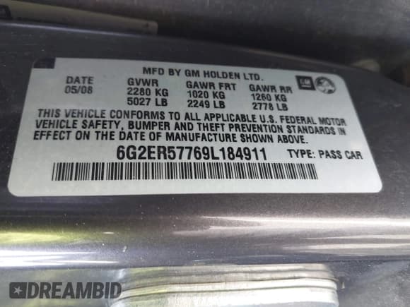 ✅ 2009 Pontiac G8 • VIN: 6G2ER57769L184911 • Lot: 43853294. Listed on IAAI with 259,364 mi. Free auction sales archive from the USA and detailed vehicle history report at DreamBid. Image 9.