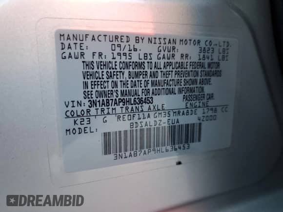 2017 Nissan Sentra SR с VIN 3N1AB7AP9HL636453, выставлен на аукционе Copart как лот 71542735 с пробегом 144 563 миль миль и Списание • Salvage title. История ставок и продаж доступна на DreamBid. Изображение 13.