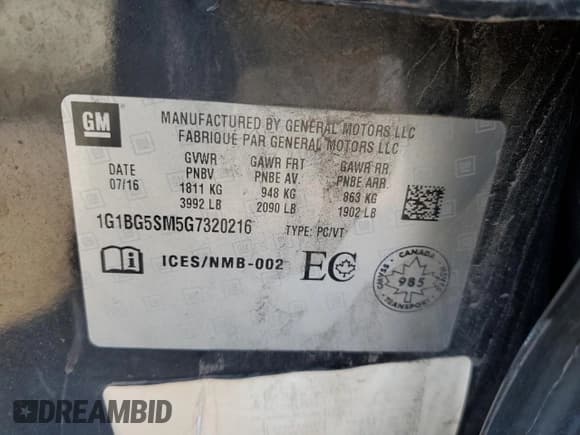 ✅ 2016 Chevrolet Cruze Premier • VIN: 1G1BG5SM5G7320216 • Lot: 82314835. Listed on Copart with 83,698 mi. Free auction sales archive from the USA and detailed vehicle history report at DreamBid. Image 12.