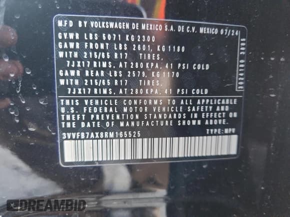 ✅ 2024 Volkswagen Tiguan S • VIN: 3VVFB7AX8RM165525 • Lot: 93033285. Listed on Copart with 5,945 mi. Free auction sales archive from the USA and detailed vehicle history report at DreamBid. Image 13.