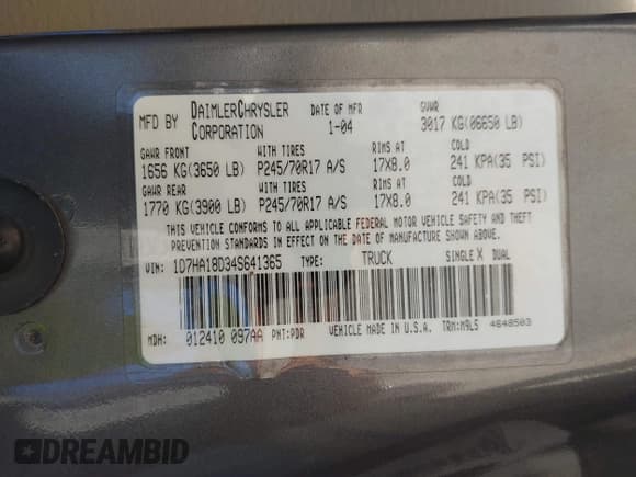 ✅ 2004 Dodge 1500 SLT • VIN: 1D7HA18D34S641365 • Lot: 43504971. Listed on IAAI with 272,306 mi. Free auction sales archive from the USA and detailed vehicle history report at DreamBid. Image 9.