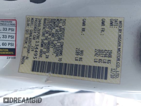 ✅ 2011 Nissan Altima S • VIN: 1N4AL2EP2BC134495 • Лот: 43681011. Опубликован ранее на IAAI с пробегом 190 256 миль. Бесплатный доступ к архиву аукционных продаж из США и подробный отчёт об истории автомобиля на DreamBid. Изображение 9.