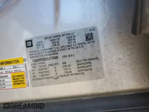 2013 Chevrolet Traverse LS with VIN 1GNKRFEDXDJ173495, listed as a Copart auction lot 71865155 with 184,329 mi miles and Salvage title. Bid and sale history available at DreamBid. Image 13.