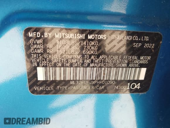 ✅ 2023 Mitsubishi Mirage ES • VIN: ML32FUFJXPHF01090 • Лот: 41655028. Опубликован ранее на IAAI с пробегом 71 968 миль. Бесплатный доступ к архиву аукционных продаж из США и подробный отчёт об истории автомобиля на DreamBid. Изображение 9.