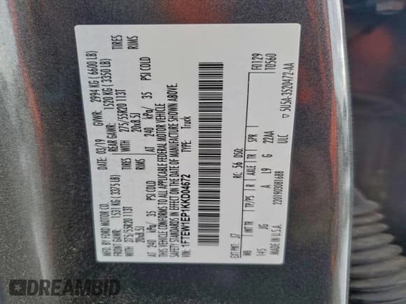 ✅ 2019 Ford F-150 XL • VIN: 1FTEW1EP1KKD04672 • Lot: 95752275. Listed on Copart with 146,884 mi. Free auction sales archive from the USA and detailed vehicle history report at DreamBid. Image 12.