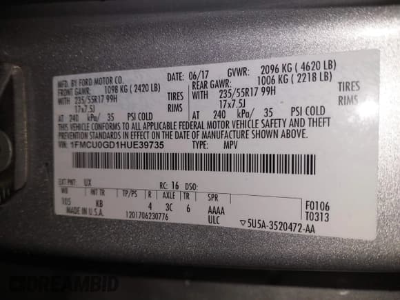 ✅ 2017 Ford Escape SE • VIN: 1FMCU0GD1HUE39735 • Lot: 41465712. Wystawiony na IAAI z przebiegiem 115 747 mil. Bezpłatny archiwum sprzedaży aukcyjnych z USA i szczegółowy raport historii pojazdu na DreamBid. Zdjęcie 9.