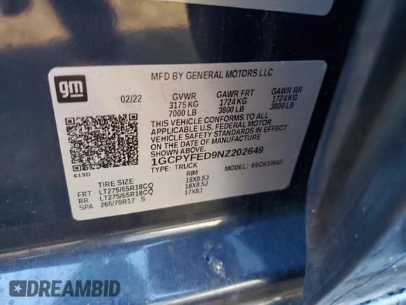 ✅ 2022 Chevrolet Silverado 1500 LT Trail Boss • VIN: 1GCPYFED9NZ202649 • Lot: 71401975. Wystawiony na Copart z przebiegiem 46 703 mil. Bezpłatny archiwum sprzedaży aukcyjnych z USA i szczegółowy raport historii pojazdu na DreamBid. Zdjęcie 12.