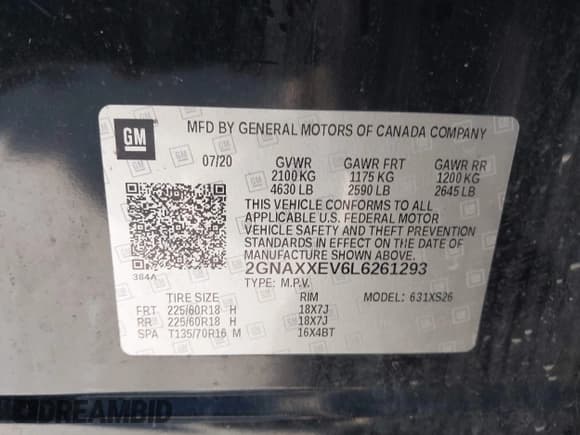 ✅ 2020 Chevrolet Equinox Premier • VIN: 2GNAXXEV6L6261293 • Лот: 43480562. Опубликован ранее на IAAI с пробегом 65 274 миль. Бесплатный доступ к архиву аукционных продаж из США и подробный отчёт об истории автомобиля на DreamBid. Изображение 9.