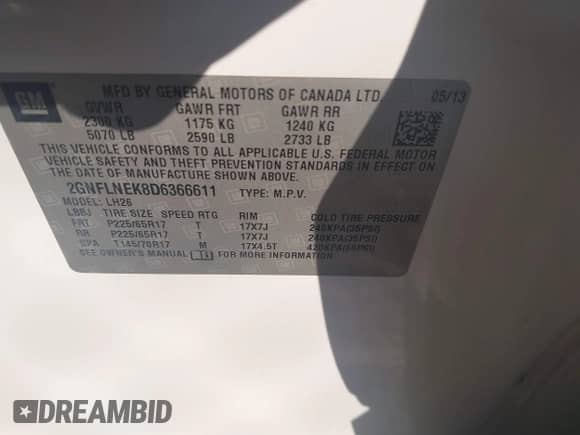 2013 Chevrolet Equinox LT z VIN 2GNFLNEK8D6366611, wystawiony jako IAAI lot #43361792 z przebiegiem 89 802 mil mil oraz . Historia ofert i sprzedaży dostępna na DreamBid. Obrazek 9.