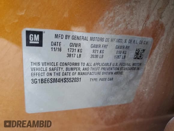 ✅ 2017 Chevrolet Cruze LT • VIN: 3G1BE6SM4HS552031 • Lot: 81157535. Listed on Copart with 74,883 mi. Free auction sales archive from the USA and detailed vehicle history report at DreamBid. Image 13.