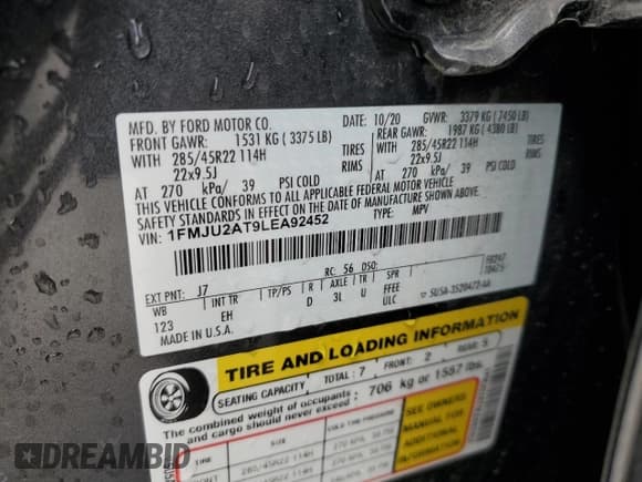 ✅ 2020 Ford Expedition Limited • VIN: 1FMJU2AT9LEA92452 • Lot: 53503805. Listed on Copart with 61,624 mi. Free auction sales archive from the USA and detailed vehicle history report at DreamBid. Image 13.