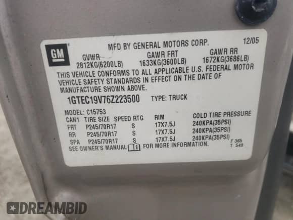 2006 GMC Sierra 1500 SLE1 with VIN 1GTEC19V76Z223500, listed as a Copart auction lot 71225154 with 319,038 mi miles and Salvage title. Bid and sale history available at DreamBid. Image 12.