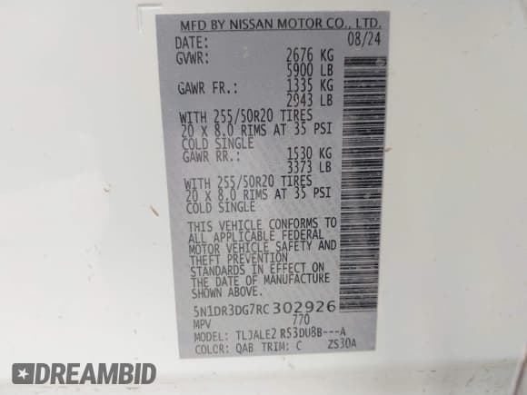 ✅ 2024 Nissan Pathfinder Platinum • VIN: 5N1DR3DG7RC302926 • Lot: 41706681. Wystawiony na IAAI z przebiegiem 4 146 mil. Bezpłatny archiwum sprzedaży aukcyjnych z USA i szczegółowy raport historii pojazdu na DreamBid. Zdjęcie 9.