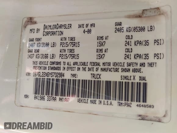 ✅ 2000 Dodge Dakota • VIN: 1B7GL22X6YS732984 • Lot: 42261357. Wystawiony na IAAI z przebiegiem 77 615 mil. Bezpłatny archiwum sprzedaży aukcyjnych z USA i szczegółowy raport historii pojazdu na DreamBid. Zdjęcie 9.