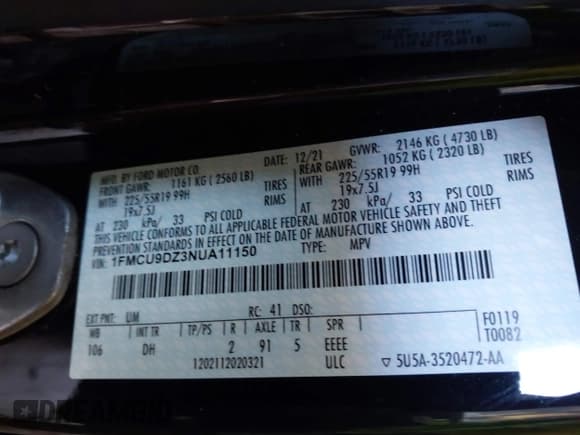 ✅ 2022 Ford Escape Titanium Hybrid • VIN: 1FMCU9DZ3NUA11150 • Lot: 41300138. Listed on IAAI with 60,210 mi. Free auction sales archive from the USA and detailed vehicle history report at DreamBid. Image 9.