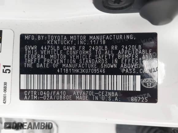 2019 Toyota Camry LE with VIN 4T1B11HK3KU709546, listed as a IAAI auction lot 42836396 with 113,611 mi miles and . Bid and sale history available at DreamBid. Image 9.