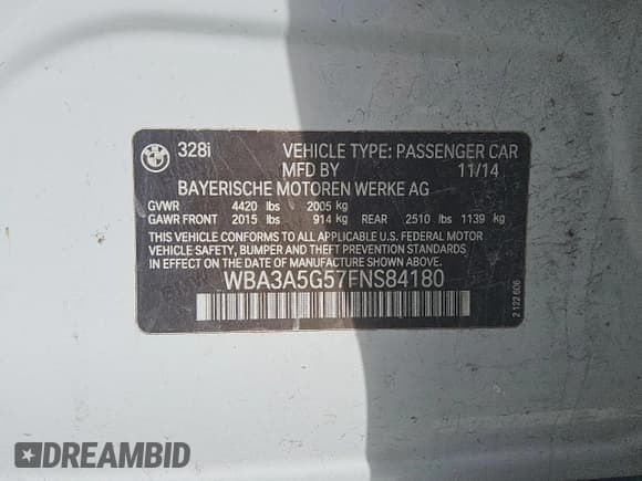 ✅ 2015 BMW 3 Series 328i • VIN: WBA3A5G57FNS84180 • Lot: 85746415. Listed on Copart with 153,010 mi. Free auction sales archive from the USA and detailed vehicle history report at DreamBid. Image 12.