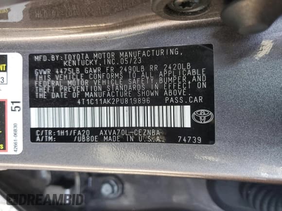 ✅ 2023 Toyota Camry LE • VIN: 4T1C11AK2PU819896 • Lot: 66921085. Wystawiony na Copart z przebiegiem 61 092 mil. Bezpłatny archiwum sprzedaży aukcyjnych z USA i szczegółowy raport historii pojazdu na DreamBid. Zdjęcie 12.