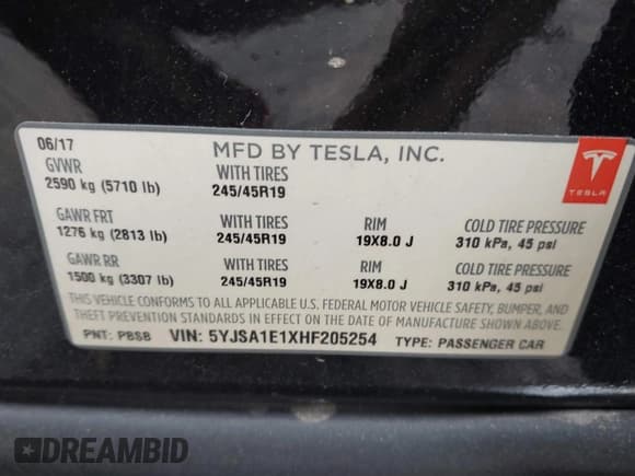 ✅ 2017 Tesla Model S 60 • VIN: 5YJSA1E1XHF205254 • Lot: 41619765. Listed on IAAI with 116,389 mi. Free auction sales archive from the USA and detailed vehicle history report at DreamBid. Image 9.