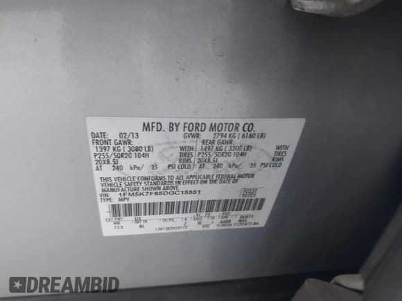 ✅ 2013 Ford Explorer Limited • VIN: 1FM5K7F85DGC15551 • Lot: 43912651. Wystawiony na IAAI z przebiegiem 193 515 mil. Bezpłatny archiwum sprzedaży aukcyjnych z USA i szczegółowy raport historii pojazdu na DreamBid. Zdjęcie 9.