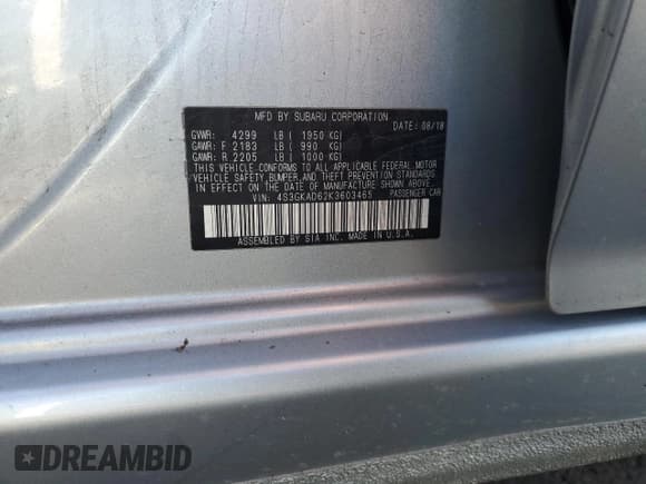 ✅ 2019 Subaru Impreza Premium • VIN: 4S3GKAD62K3603465 • Lot: 84746835. Listed on Copart with 54,504 mi. Free auction sales archive from the USA and detailed vehicle history report at DreamBid. Image 12.