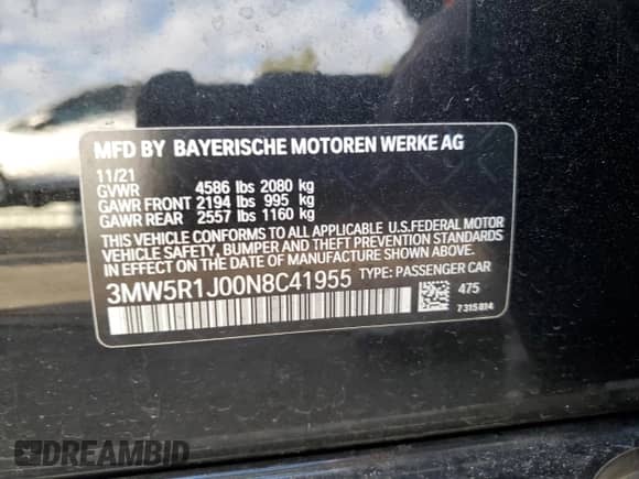 2022 BMW 3 Series 330i z VIN 3MW5R1J00N8C41955, wystawiony jako Copart lot #42669585 z przebiegiem 36 851 mil mil oraz Nie do naprawy • Non repairable. Historia ofert i sprzedaży dostępna na DreamBid. Obrazek 14.