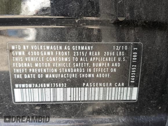 ✅ 2011 Volkswagen Golf TDI • VIN: WVWDM7AJ6BW175892 • Lot: 47650205. Listed on Copart with 88,864 mi. Free auction sales archive from the USA and detailed vehicle history report at DreamBid. Image 14.