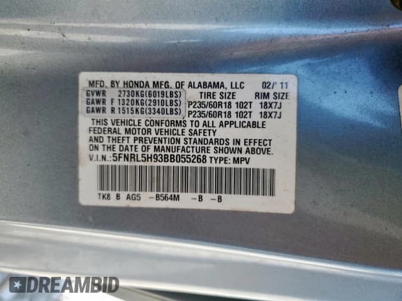 ✅ 2011 Honda Odyssey Touring • VIN: 5FNRL5H93BB055268 • Lot: 85111095. Listed on Copart with 178,631 mi. Free auction sales archive from the USA and detailed vehicle history report at DreamBid. Image 14.