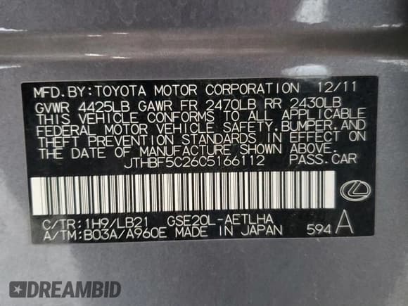 ✅ 2012 Lexus IS 250 • VIN: JTHBF5C26C5166112 • Lot: 91709535. Listed on Copart with 123,875 mi. Free auction sales archive from the USA and detailed vehicle history report at DreamBid. Image 12.